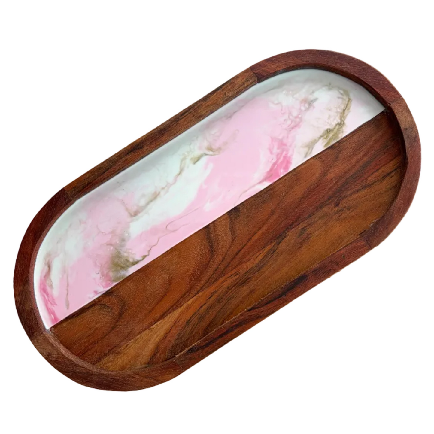 Wooden tray with a pink and white marbled resin inset