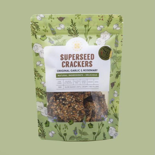 A bag of Superseed Crackers with Garlic & Rosemary flavor, gluten & dairy free